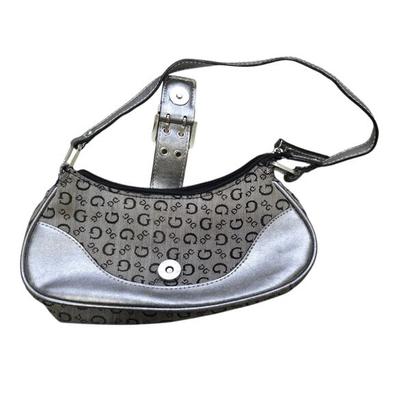 Y2K GUESS Mini Shoulder Bag Grey Monogram Buckle Detail Vintage 2000s McBling - Picture 2 of 9